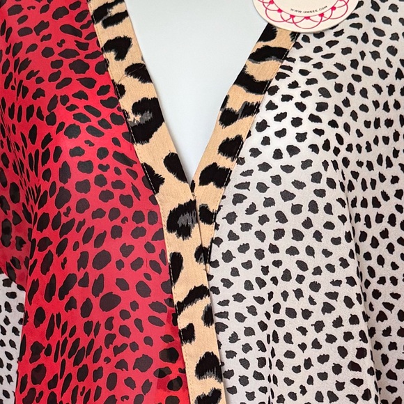 UMGEE ANIMAL PRINT RUFFLED SLEEVE SURPLICE TOP. LIGHTWEIGHT SHEER, HIGH LOW HEM - Picture 5 of 12